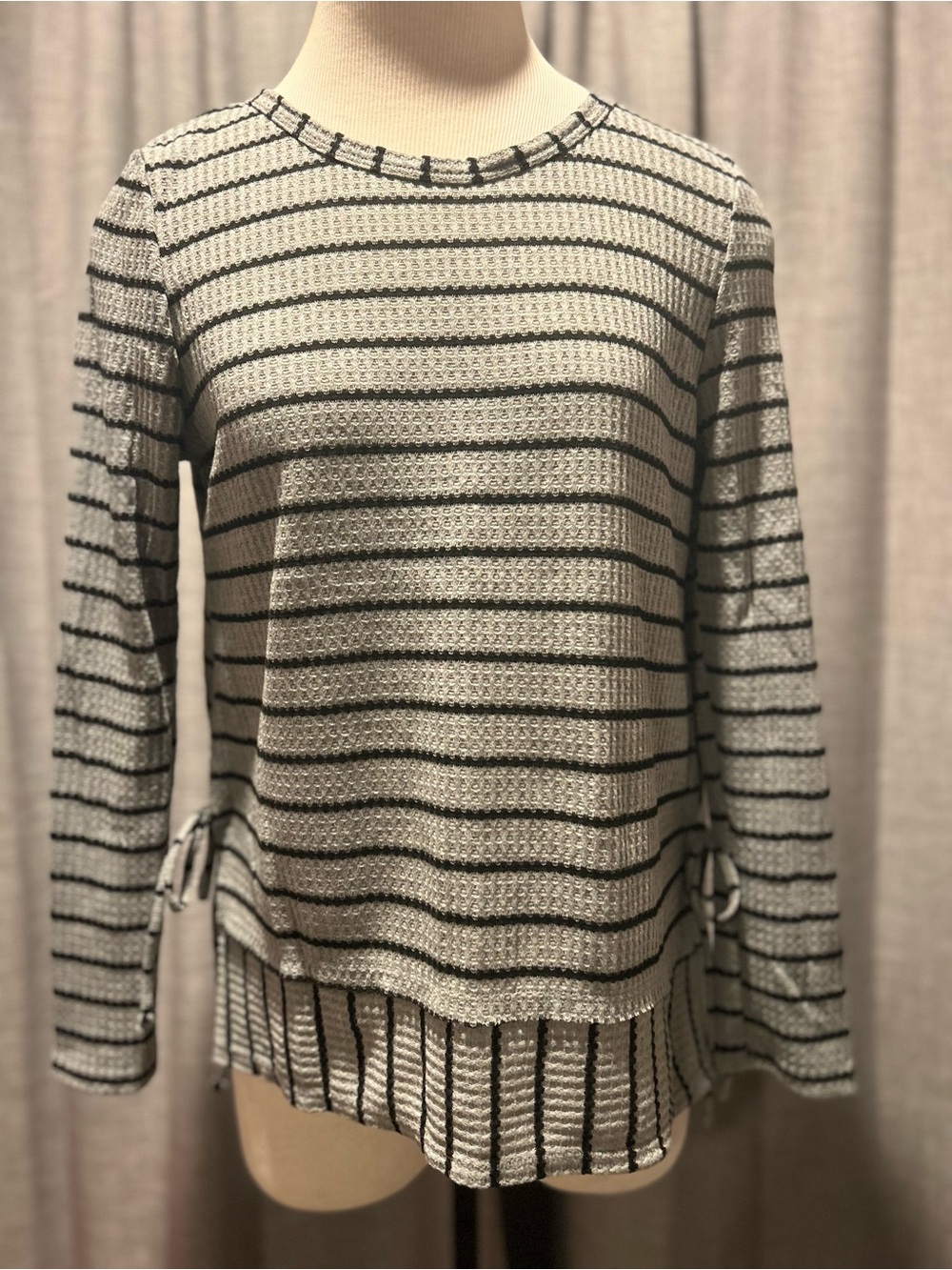 Amelia James Gray and Black Striped Side-Tie Knit Sweatshirt